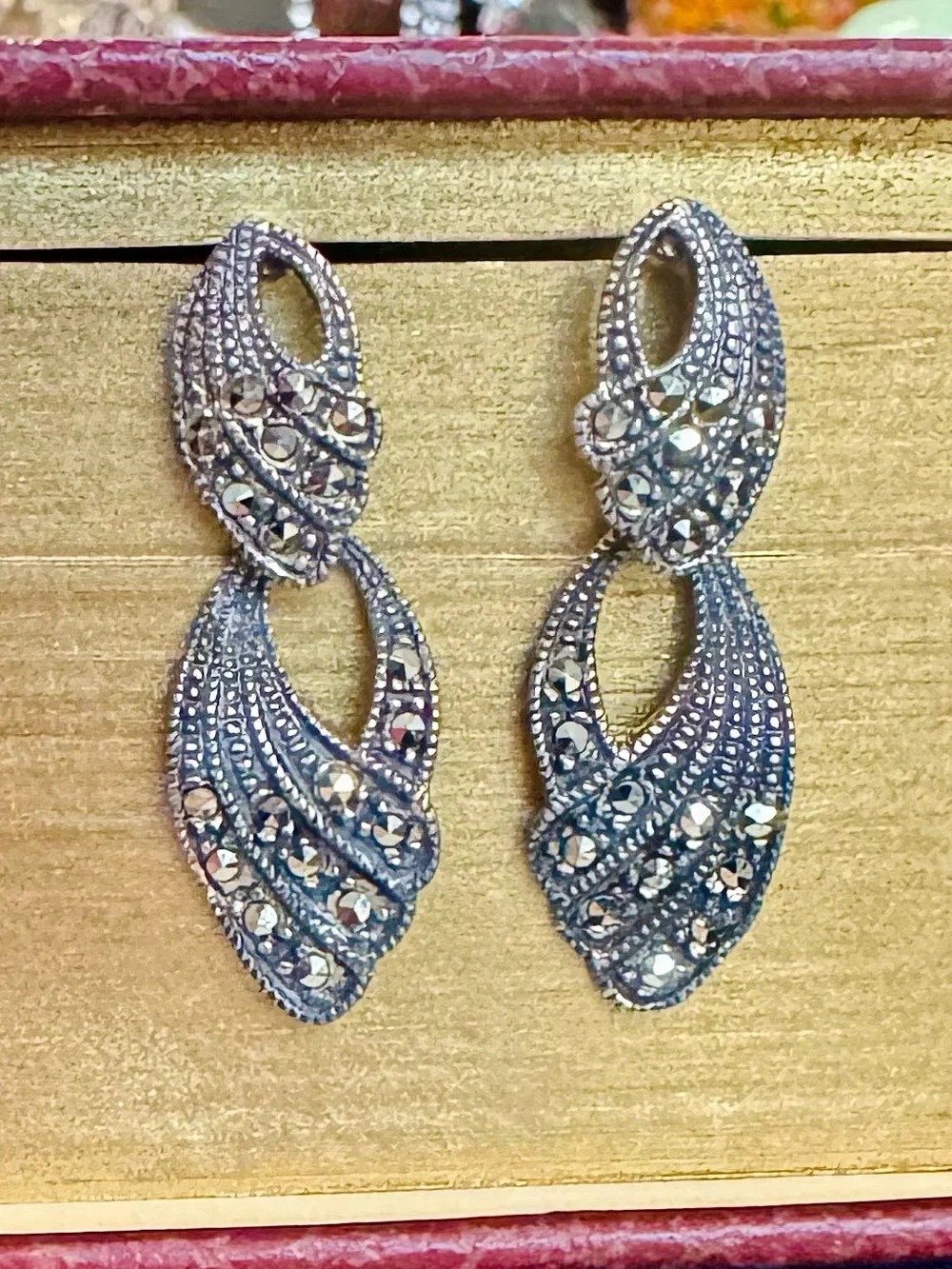 Vintage Sterling Silver Marcasite Drop Earrings
